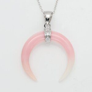 Bull Horn Crescent Moon Mother of Pearl Pink Shell Necklace Sterling Silver